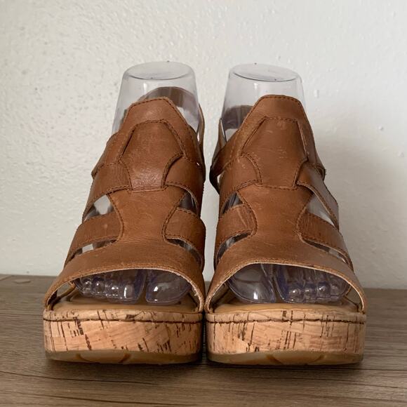 BORN Wedge Platform Sandal Bernese Cage Brown Leather Cork 9 US Buckle Slingback - Picture 3 of 15